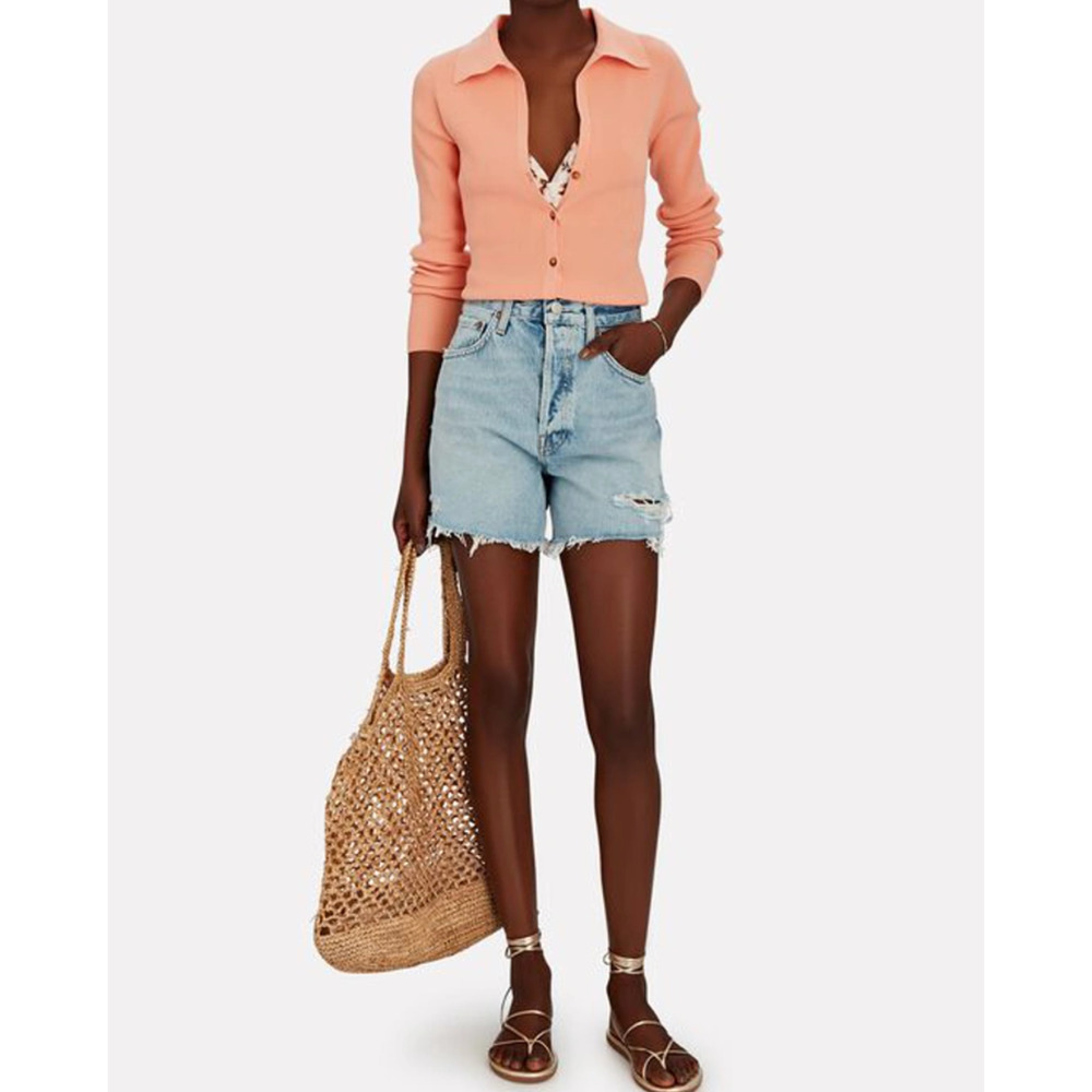 Intermix Audrey Rib Knit Polo Top Orange Salmon Button-Up Collared Sweater - Picture 3 of 8